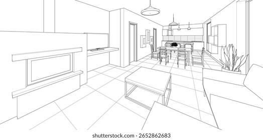 interior kitchen living room 3d illustration