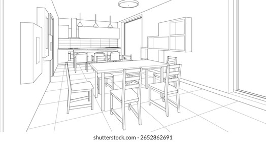 Cocina interior Sala de estar Ilustración 3D