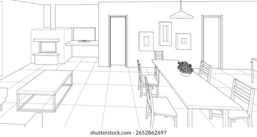 Cocina interior Sala de estar Ilustración 3D