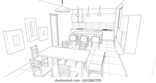 interior kitchen living room 3d illustration