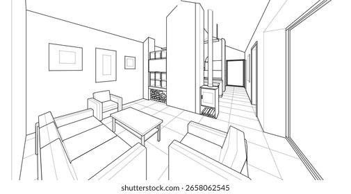 Cocina interior Sala de estar Ilustración 3D	