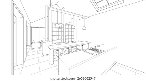 Cocina interior Sala de estar Ilustración 3D	