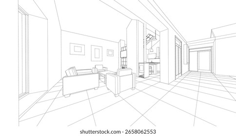 Cocina interior Sala de estar Ilustración 3D	