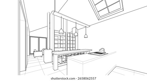 Wohnzimmer Küche 3d Illustration	