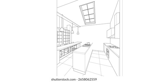 Cocina interior Sala de estar Ilustración 3D	