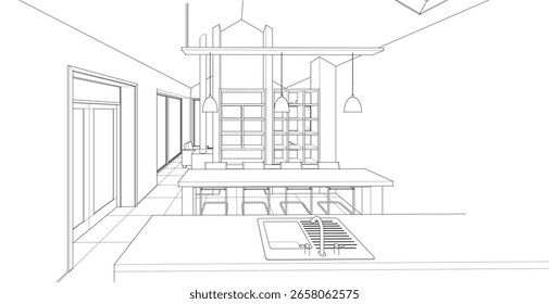 Cocina interior Sala de estar Ilustración 3D	