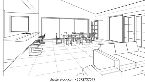 Cocina interior Sala de estar Ilustración 3D	