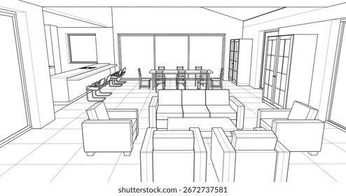 interior kitchen living room 3d illustration	