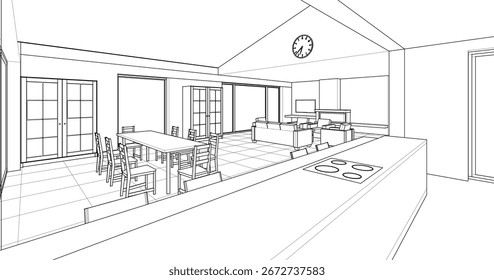 interior kitchen living room 3d illustration	