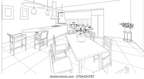 Cocina interior Sala de estar Ilustración 3D	