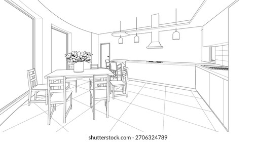Cocina interior Sala de estar Ilustración 3D	