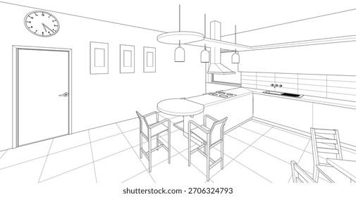 Cocina interior Sala de estar Ilustración 3D	