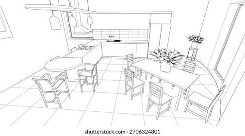 interior kitchen living room 3d illustration	