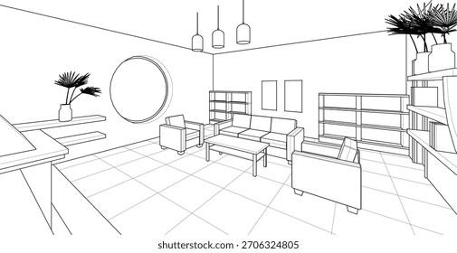 Cocina interior Sala de estar Ilustración 3D	