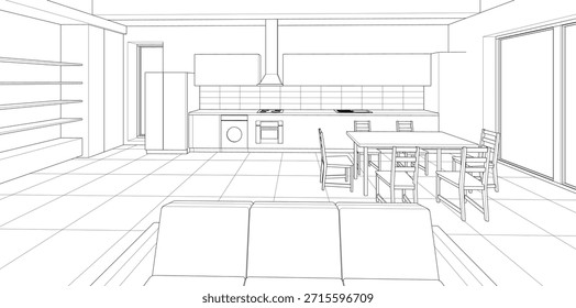 interior cozinha sala de estar 3d ilustração	