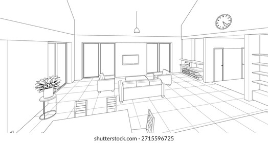 Cocina interior Sala de estar Ilustración 3D	