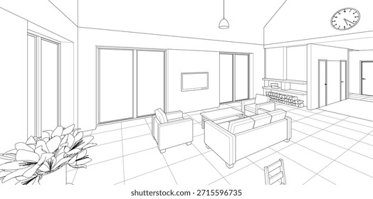 interior kitchen living room 3d illustration	