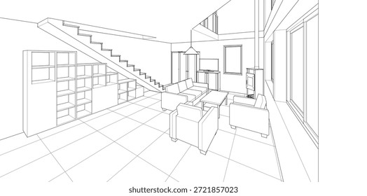 Cocina interior Sala de estar Ilustración 3D	
