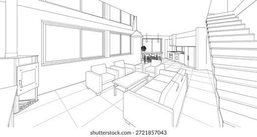 interior kitchen living room 3d illustration	
