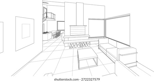 Cocina interior Sala de estar Ilustración 3D	
