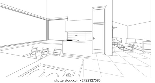 interior cozinha sala de estar 3d ilustração	