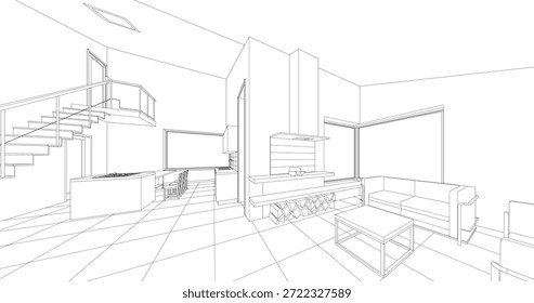 Cocina interior Sala de estar Ilustración 3D	