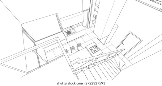 interior cozinha sala de estar 3d ilustração	