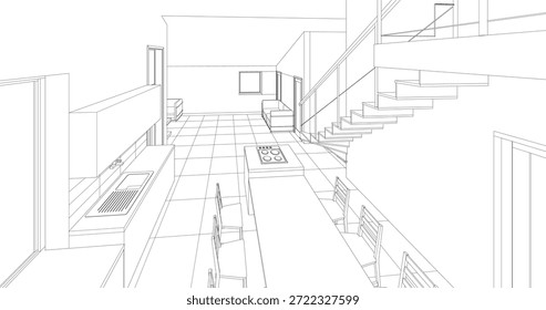 Cocina interior Sala de estar Ilustración 3D	