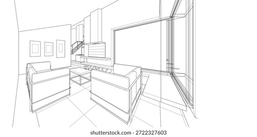 Cocina interior Sala de estar Ilustración 3D	