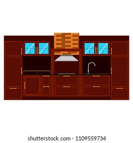 Interior kitchen modern home design room domestic vector. House furniture equipment chair, table. Household cook space illustration set. Luxury empty décor dinner apartment appliance bright. Flat art.