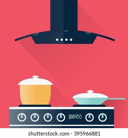 Interior of kitchen, pan on the stove, cooking. Vector illustration on pink background