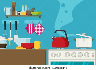 Interior of kitchen, pans on the stove, cooking. Vector illustration in flat style