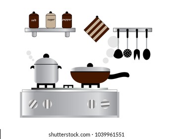 Interior of kitchen, pans on the stove, cooking. Vector illustration flat style

