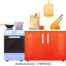 Interior of kitchen, pans on the stove, cooking. Vector illustration in flat style