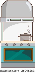Interior of kitchen, pans on the stove, cooking. Vector illustration in flat style