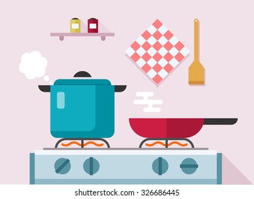 Interior of kitchen, pans on the stove, cooking. Vector illustration in flat style