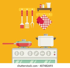Interior of kitchen, pans on the stove, cooking. Vector illustration in flat style