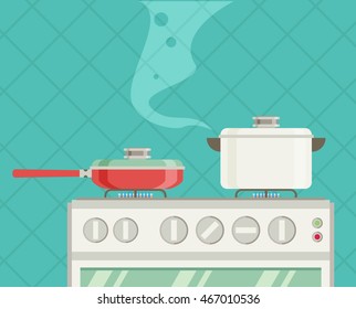 Interior of kitchen, pans on the stove, cooking. Vector illustration in flat style