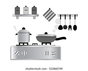 Interior of kitchen, pans on the stove, cooking. Vector illustration flat style