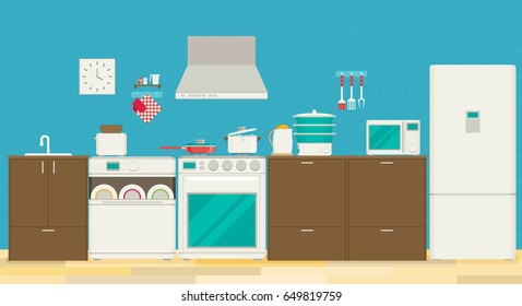 Interior of kitchen, pans on the stove, cooking. Vector illustration in flat style