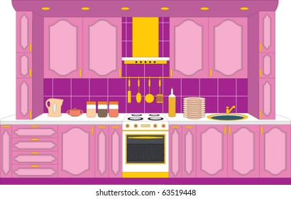 Interior. Kitchen interior in pink colors. Glamour kitchen. Vector illustration