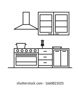 Interior con cocina, campana, estufa, armario, mesita de noche. Interior vectorial con cocina, campana, estufa, armario, mesita de noche de estilo sobrio aislada en fondo blanco. Elemento para web