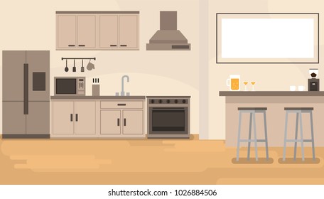 interior kitchen room with bar counter and kitchenware in room.vector and illustration.