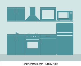 Interior kitchen room in blue. Flat vector illustration.