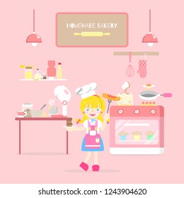 interior kitchen room, cute girl with apron in pink theme background flat vector illustration design character cartoon costume concept