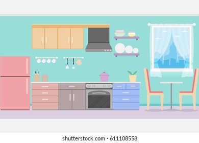 interior kitchen room design with accessory.vector and illustration