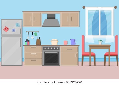 interior kitchen room design with kitchenware on the blue wall with window.vector and illustration