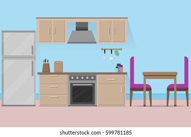interior kitchen room design with kitchenware.vector and illustration