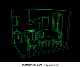 Interior kitchen room on black background. Vector outline illustration.