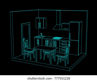 Interior kitchen room on black background. Vector outline illustration.
